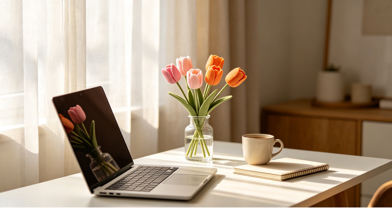 BloomWitness tulips arranged on a desk with laptop and coffee