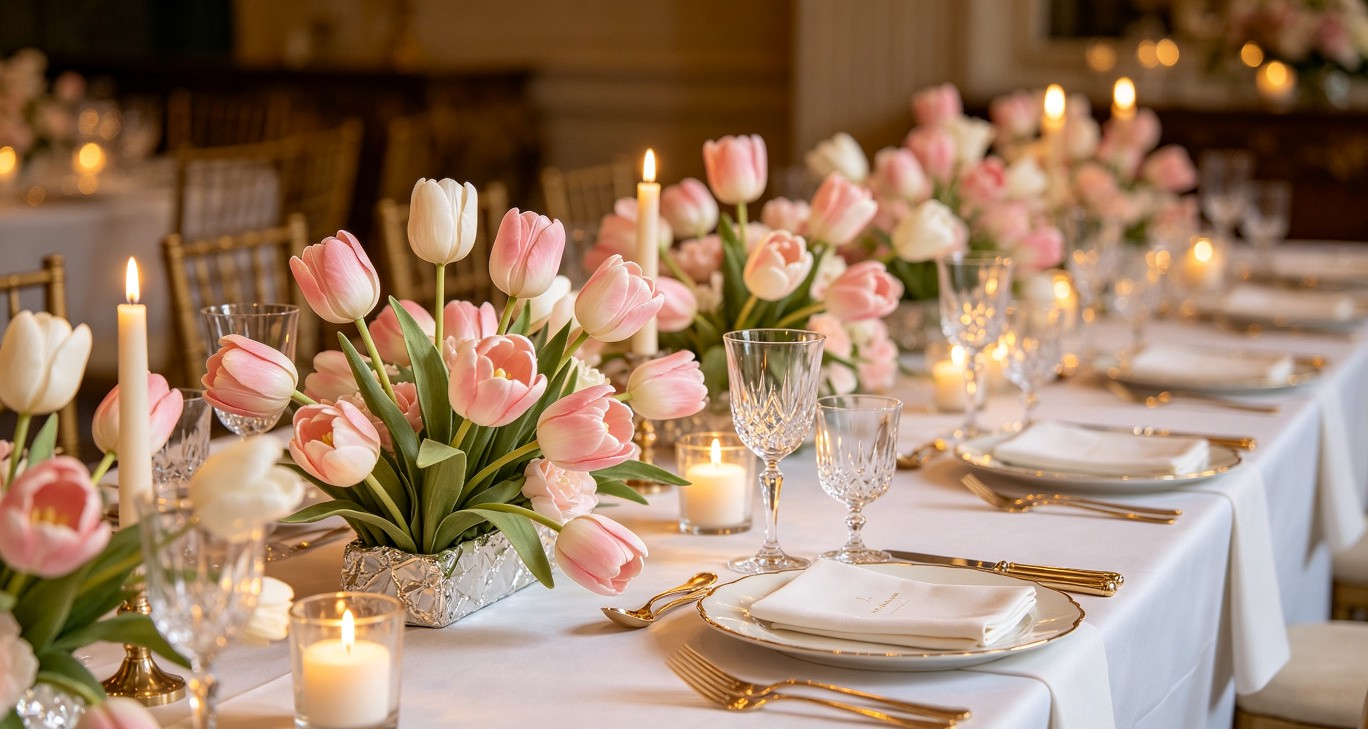 BloomWitness tulips as centerpieces on an elegant wedding table